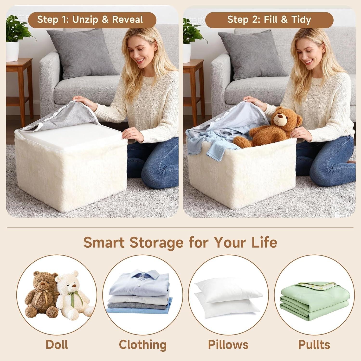 Cream Square Luxurious Upholstered Foam Pouf Ottoman