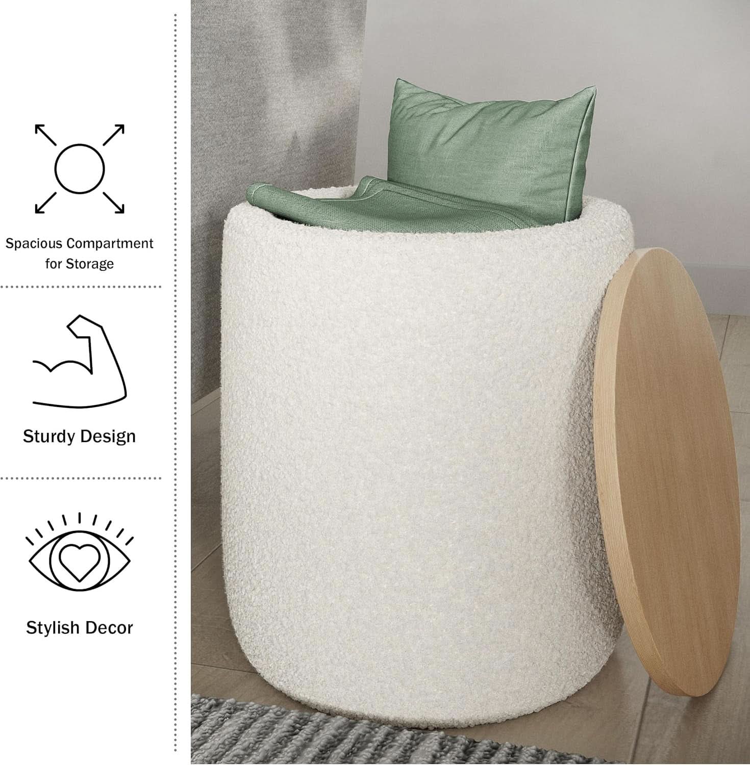Cream Textured Storage Ottoman Removable Lid Walnut