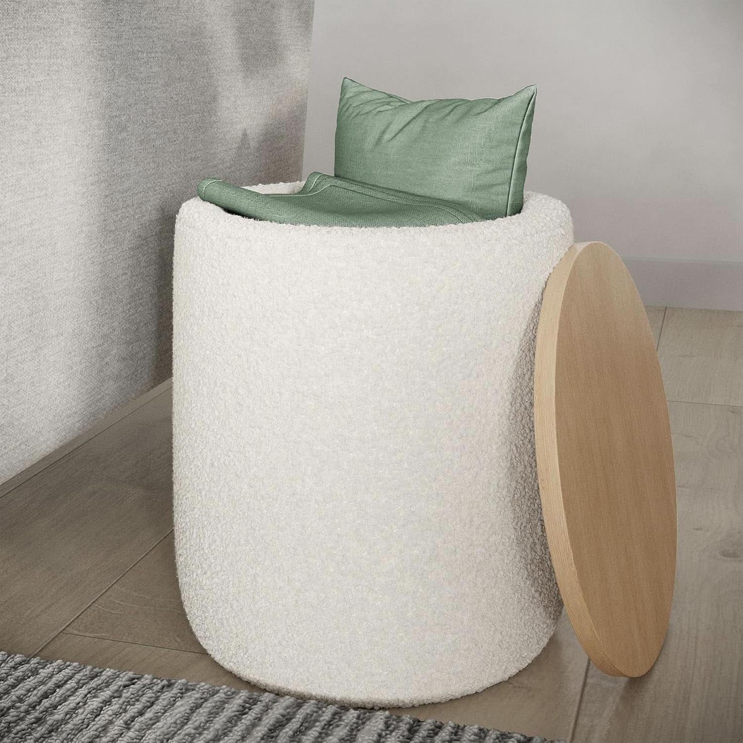 Cream Textured Storage Ottoman Removable Lid Walnut