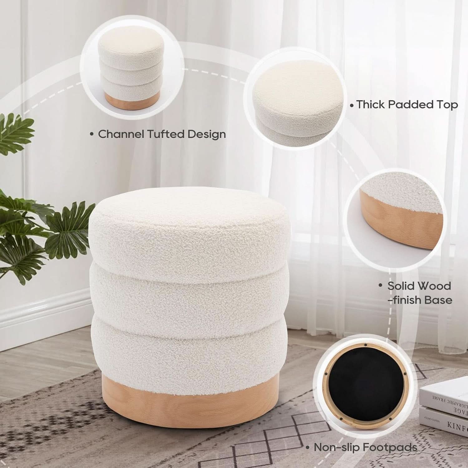 Cream Tufted Sherpa Ottoman Footstool Round Cushion