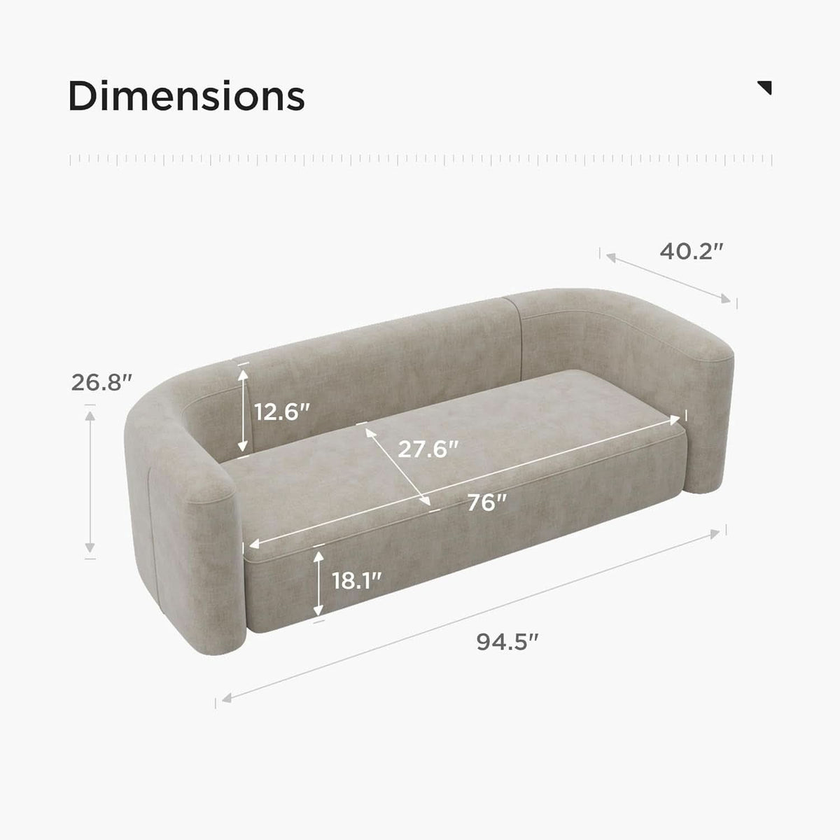 Cream Velvet 3 Seater Modern Sofa With Curved Backrest
