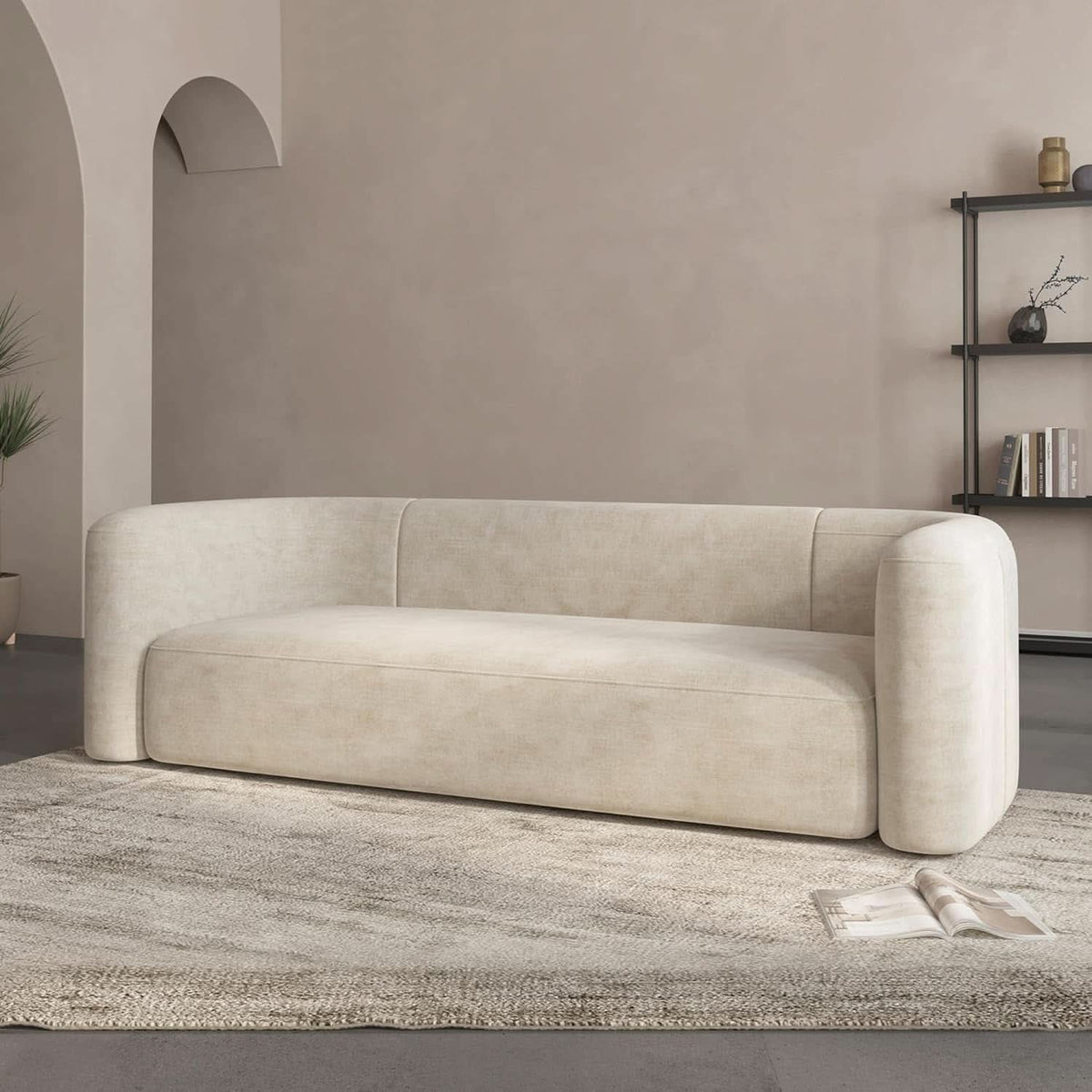 Cream Velvet 3 Seater Modern Sofa With Curved Backrest