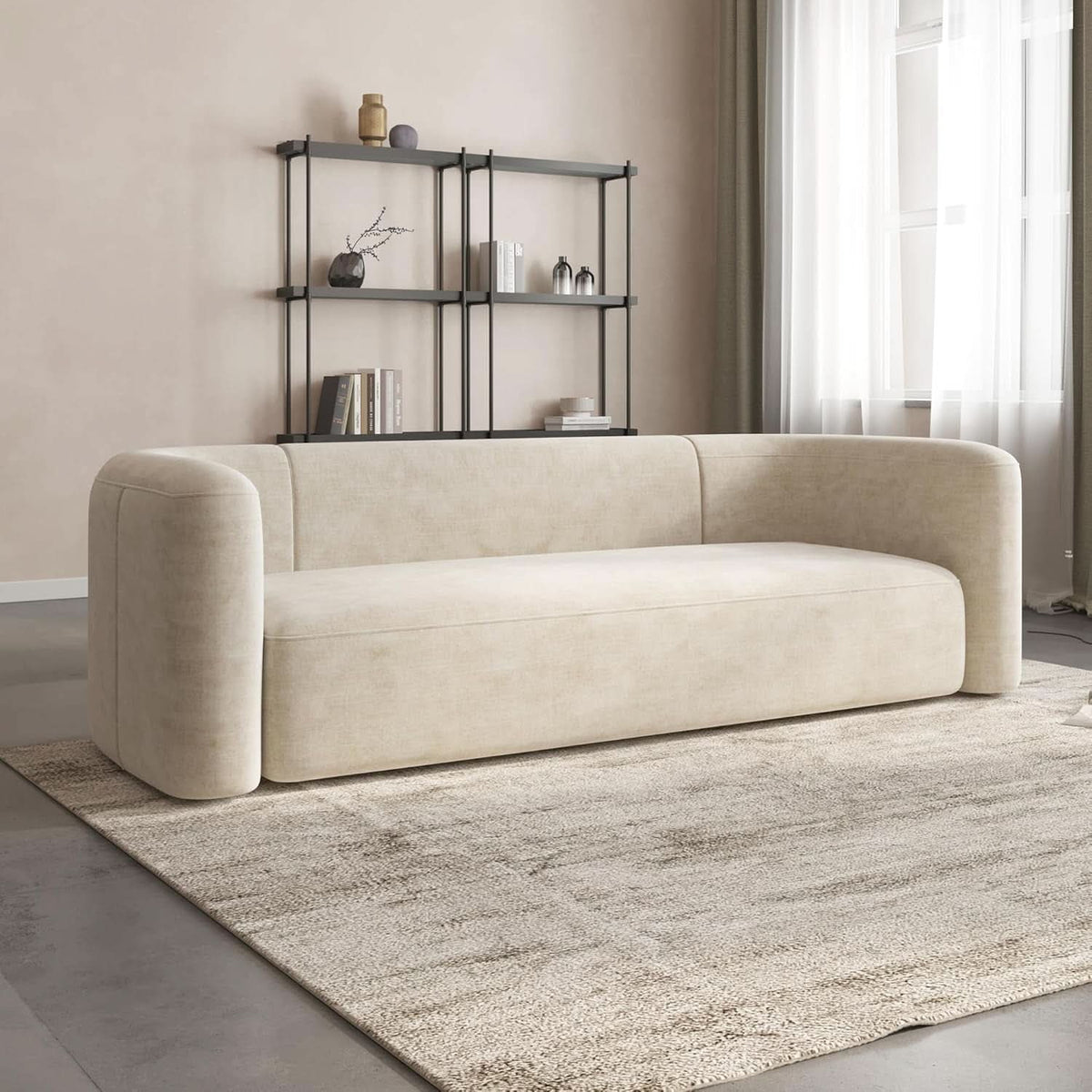 Cream Velvet 3 Seater Modern Sofa With Curved Backrest