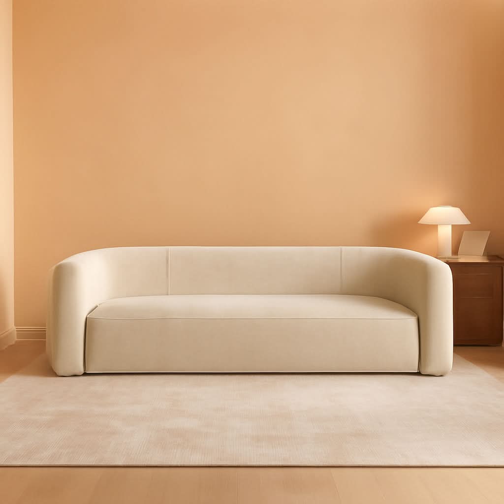 Cream Velvet 3 Seater Modern Sofa With Curved Backrest