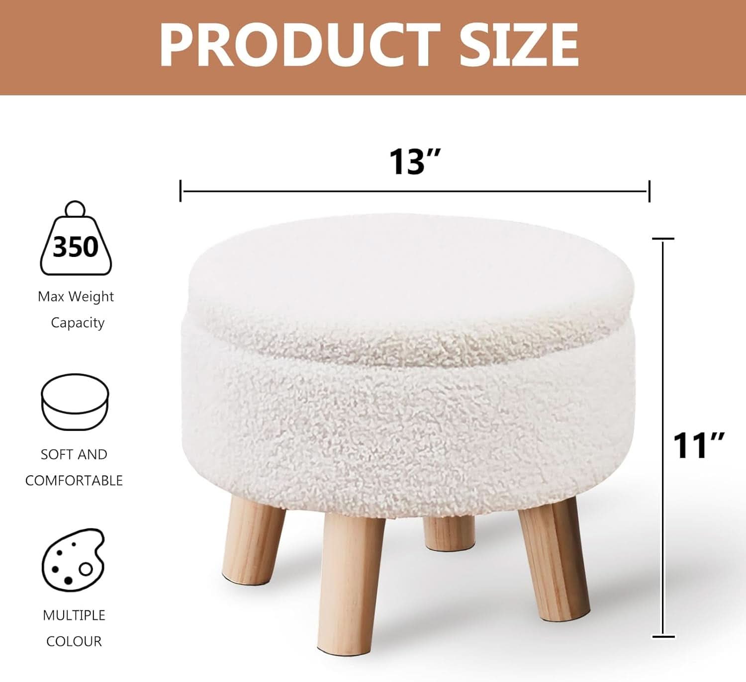 Cream Velvet Round Storage Ottoman With Solid Wood Legs