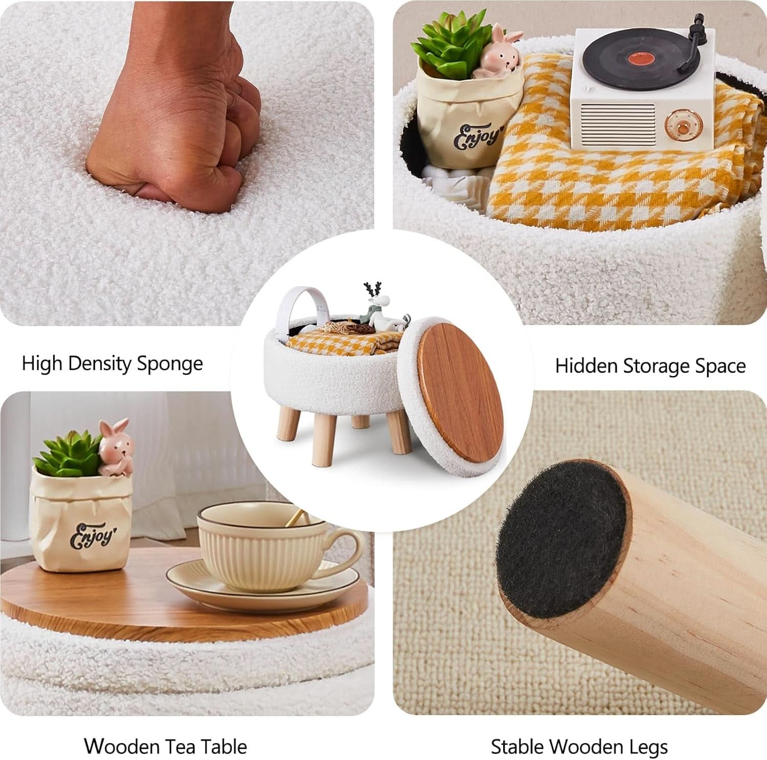 Cream Velvet Round Storage Ottoman With Solid Wood Legs