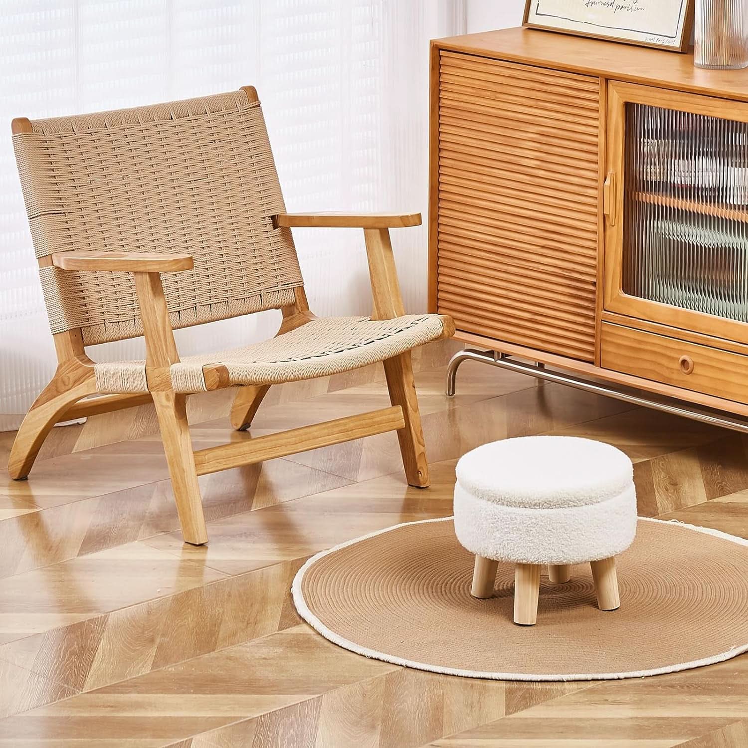 Cream Velvet Round Storage Ottoman With Solid Wood Legs