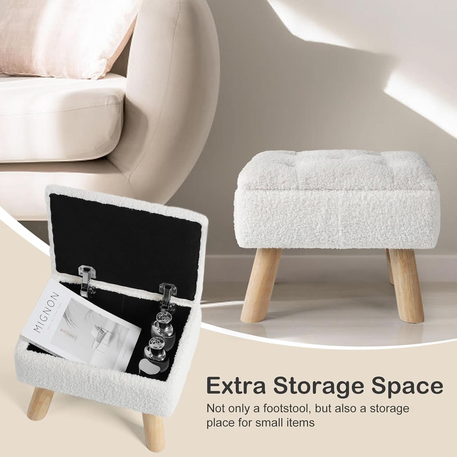 Cream Velvet Storage Ottoman With Extra Cushioning