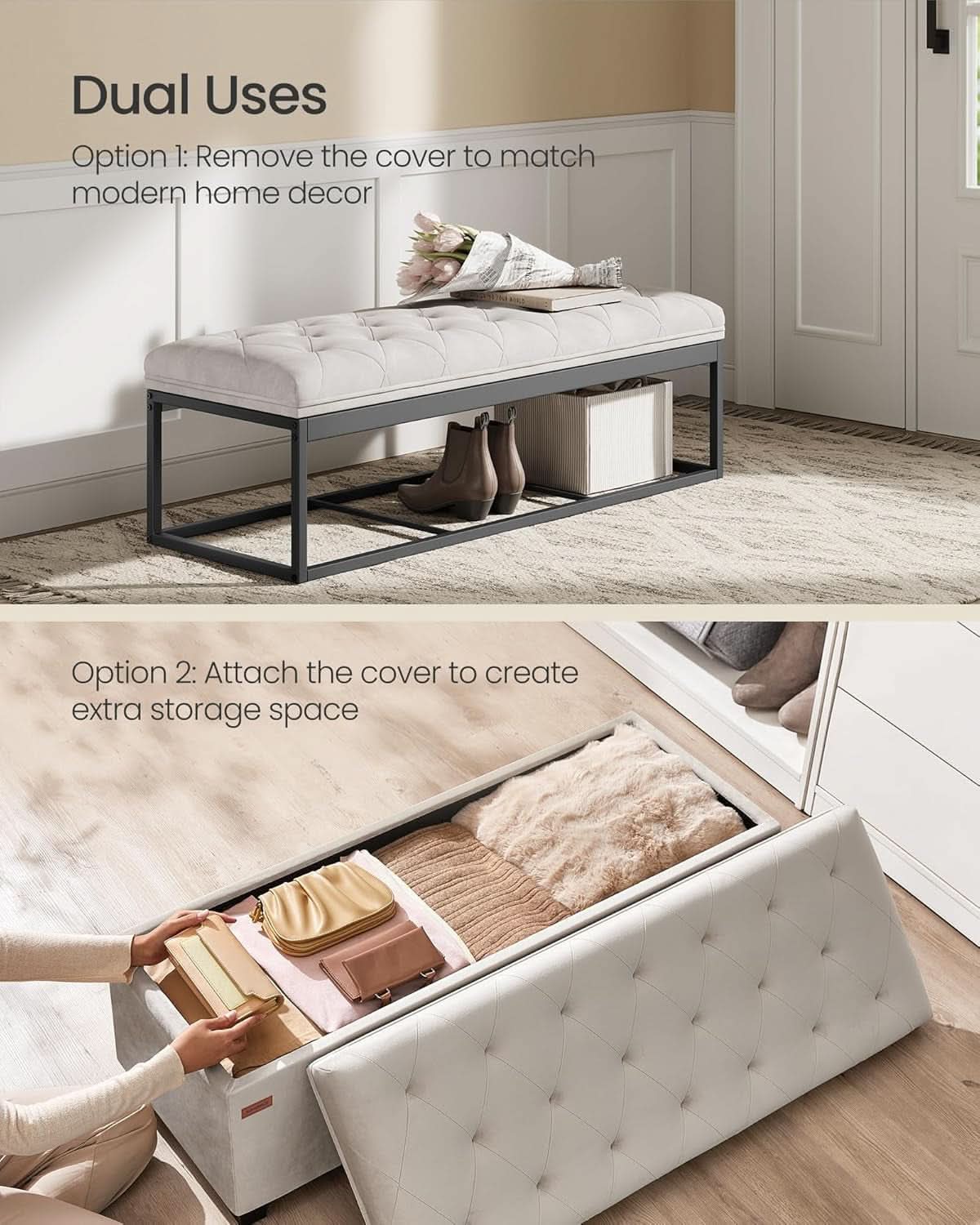 Cream Velvet Textured Storage Ottoman Bench 43Inch
