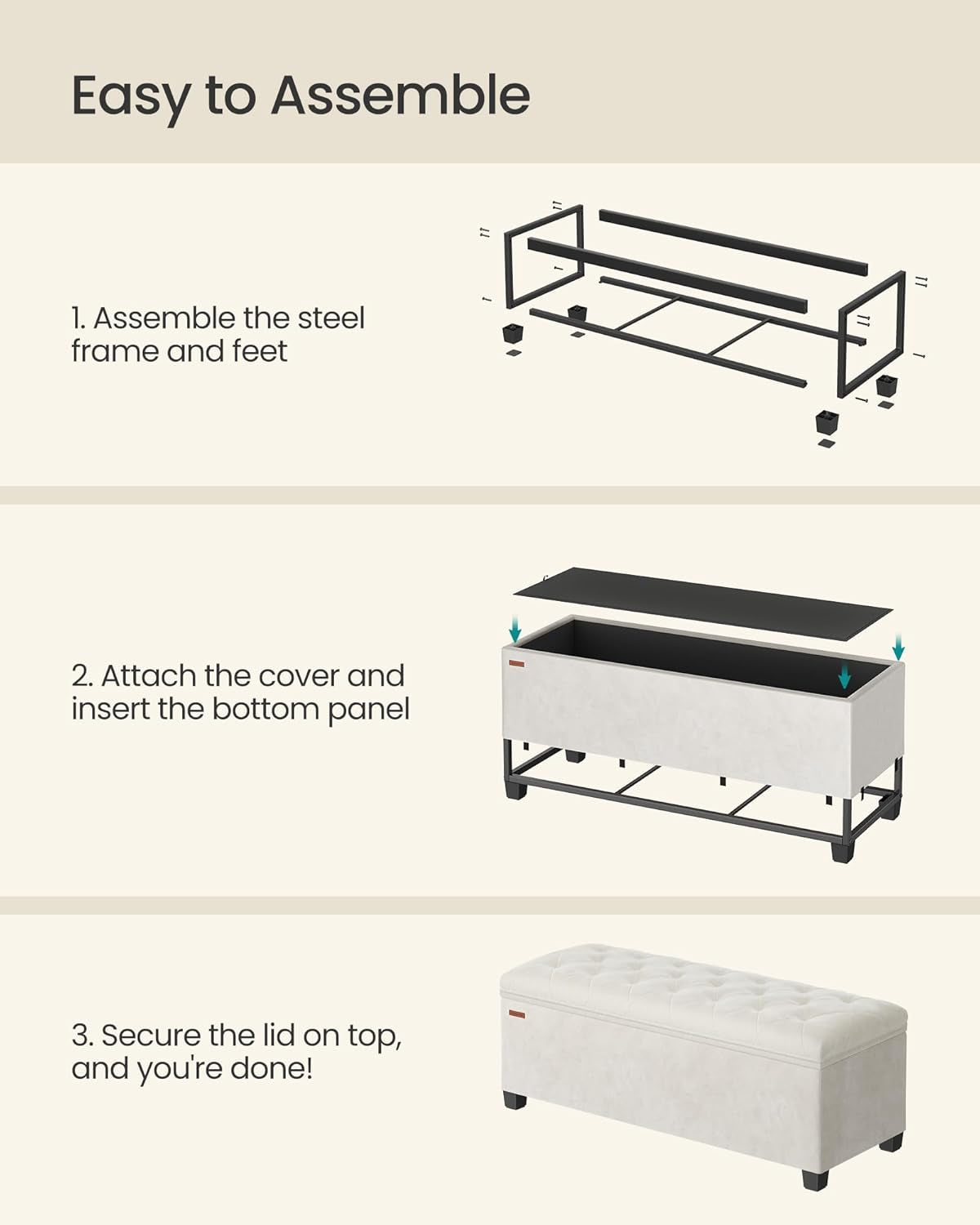 Cream Velvet Textured Storage Ottoman Bench 43Inch