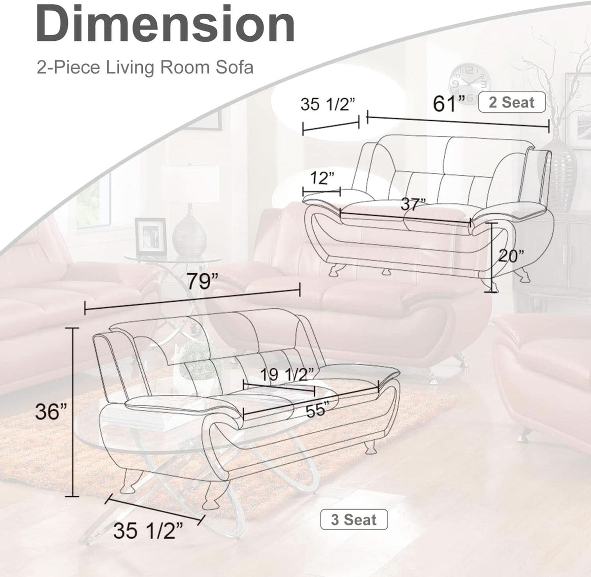 Cream White 2 Piece Faux Leather Sofa Set Living Room
