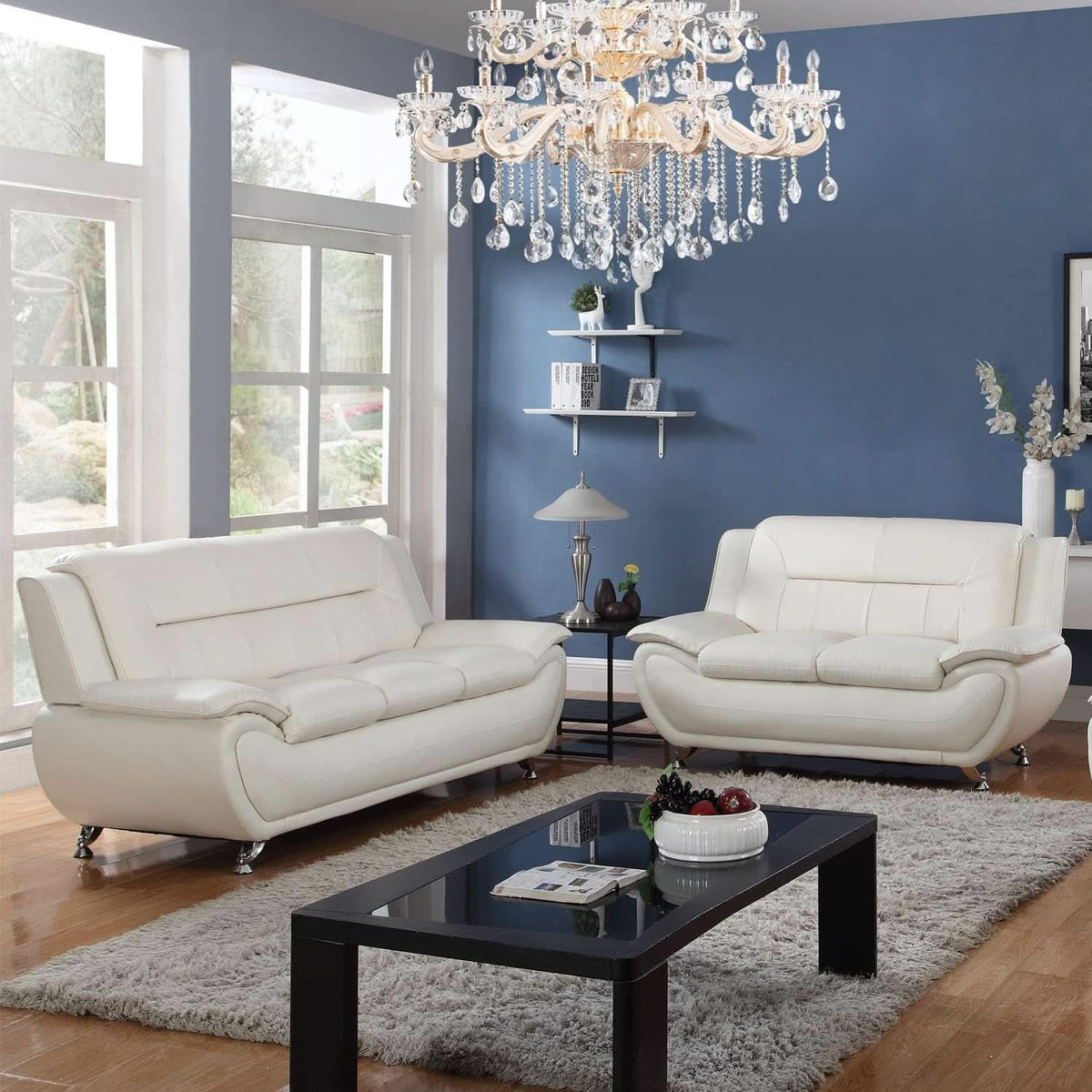 Cream White 2 Piece Faux Leather Sofa Set Living Room