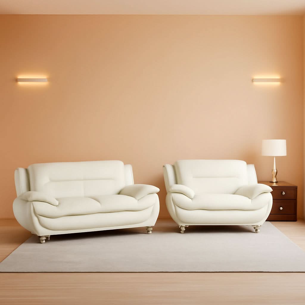 Cream White 2 Piece Faux Leather Sofa Set Living Room