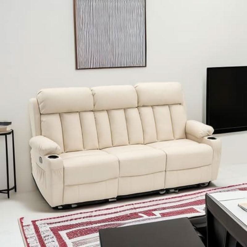 Cream White 3 Seat Power Reclining Sofa With USB Ports