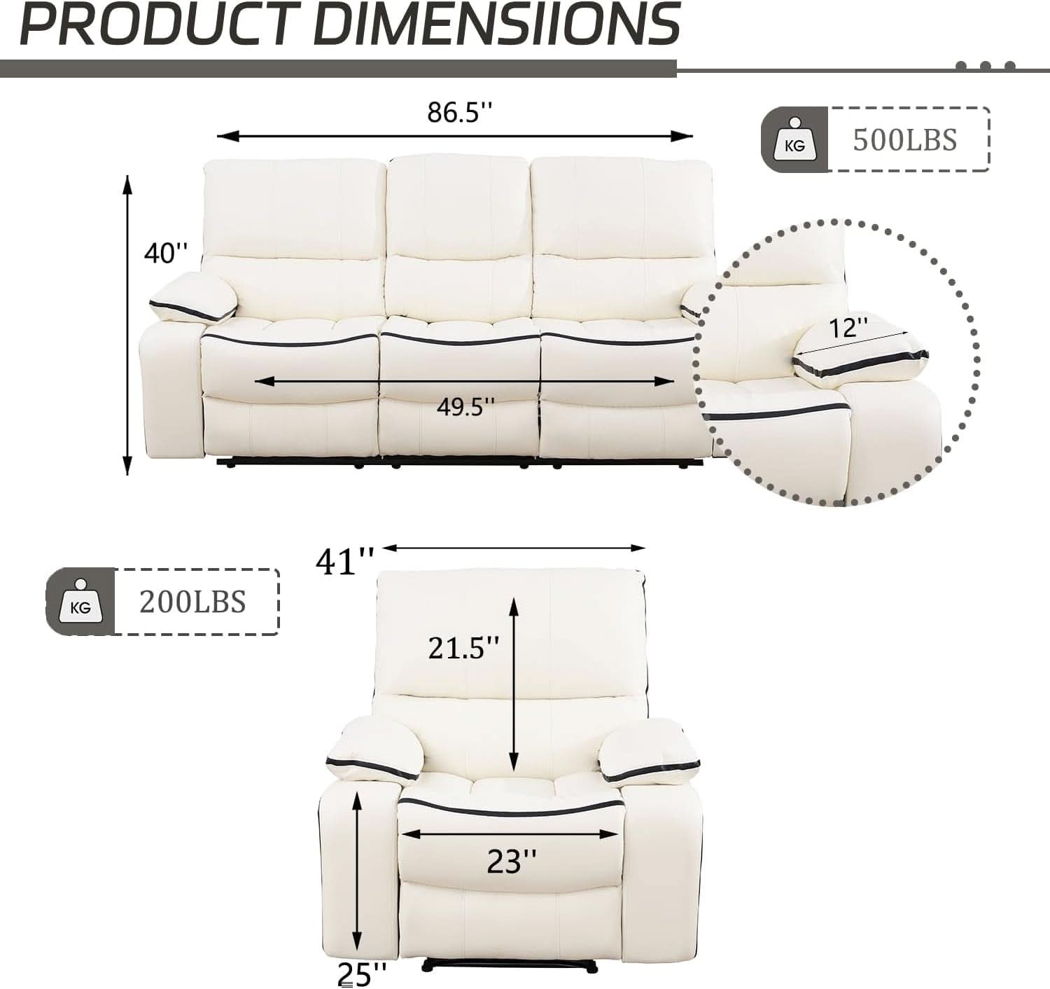 Cream White Bonded Leather Recliner Sofa Set With Manual Recliner