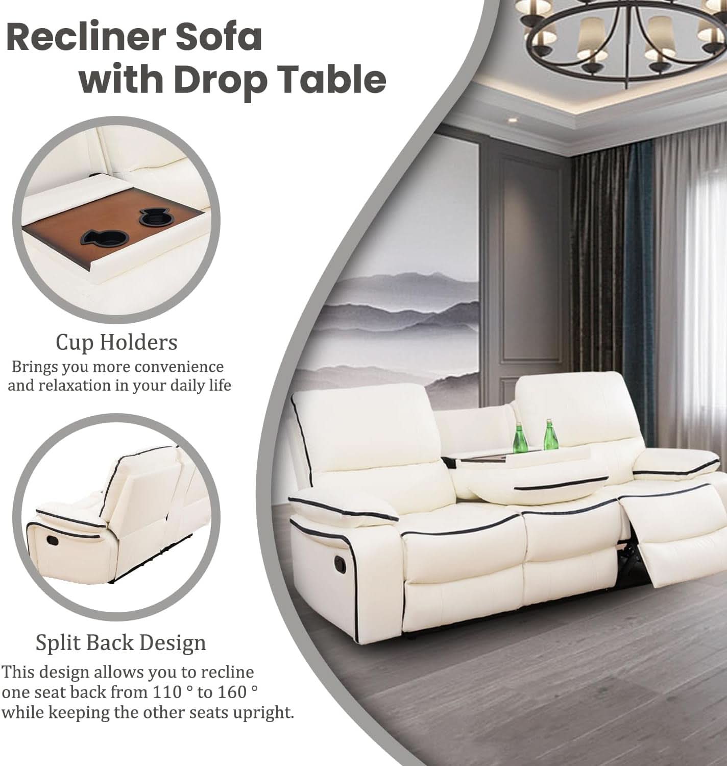 Cream White Bonded Leather Recliner Sofa Set With Manual Recliner