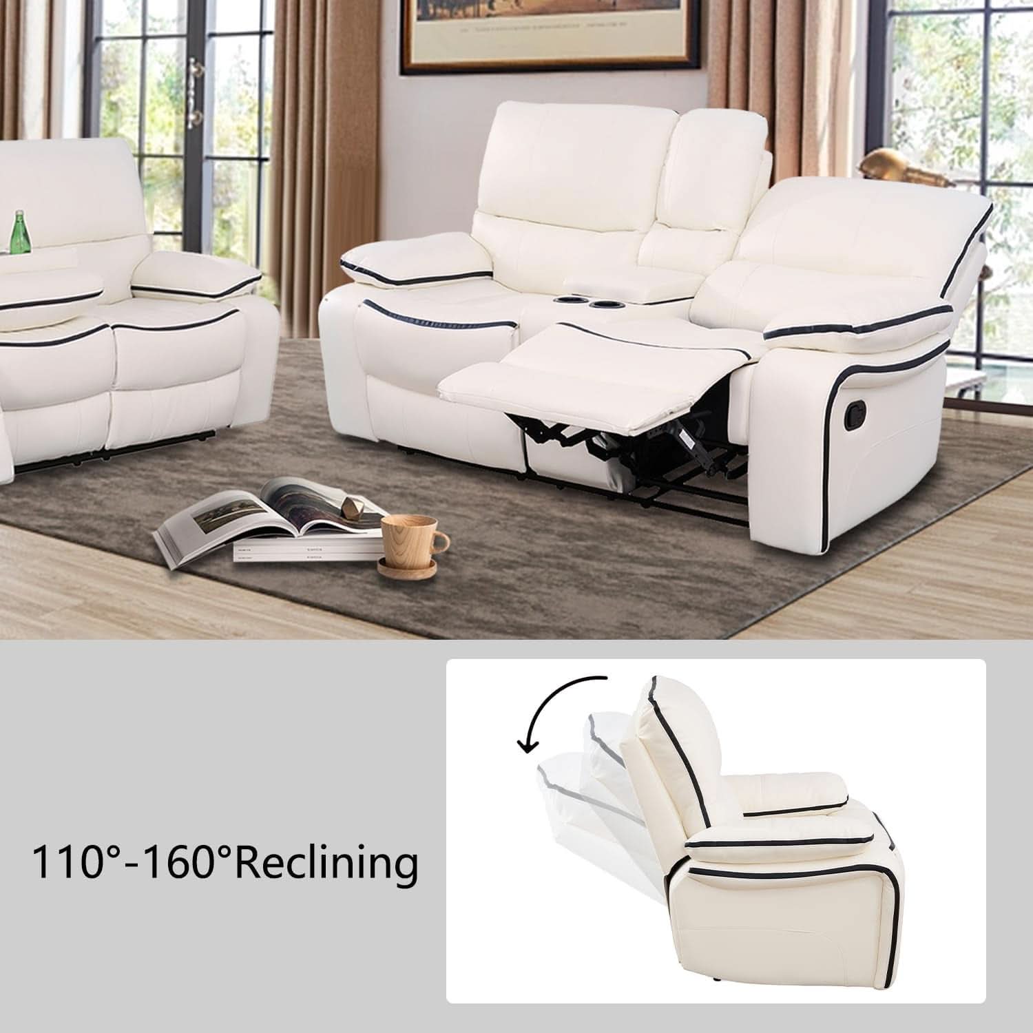 Cream White Bonded Leather Recliner Sofa Set With Manual Recliner