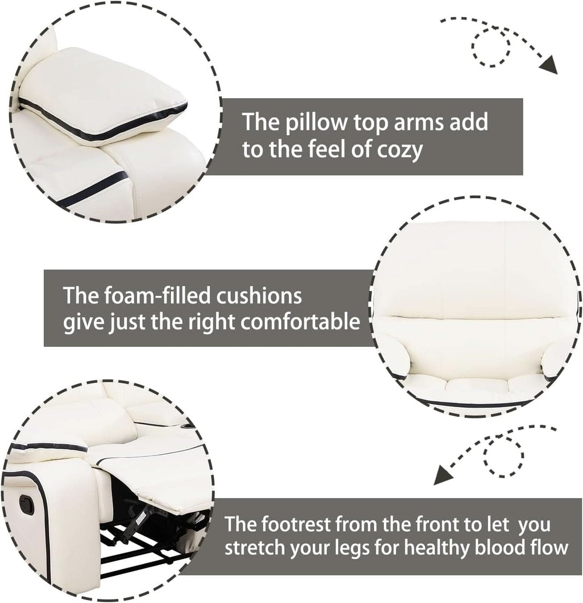 Cream White Bonded Leather Recliner Sofa Set With Manual Recliner