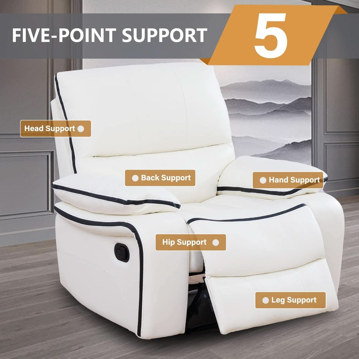 Cream White Bonded Leather Recliner Sofa Set With Manual Recliner
