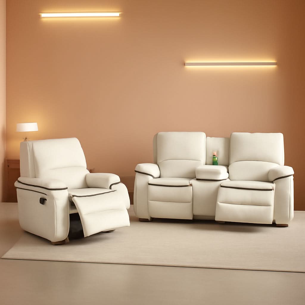 Cream White Bonded Leather Recliner Sofa Set With Manual Recliner