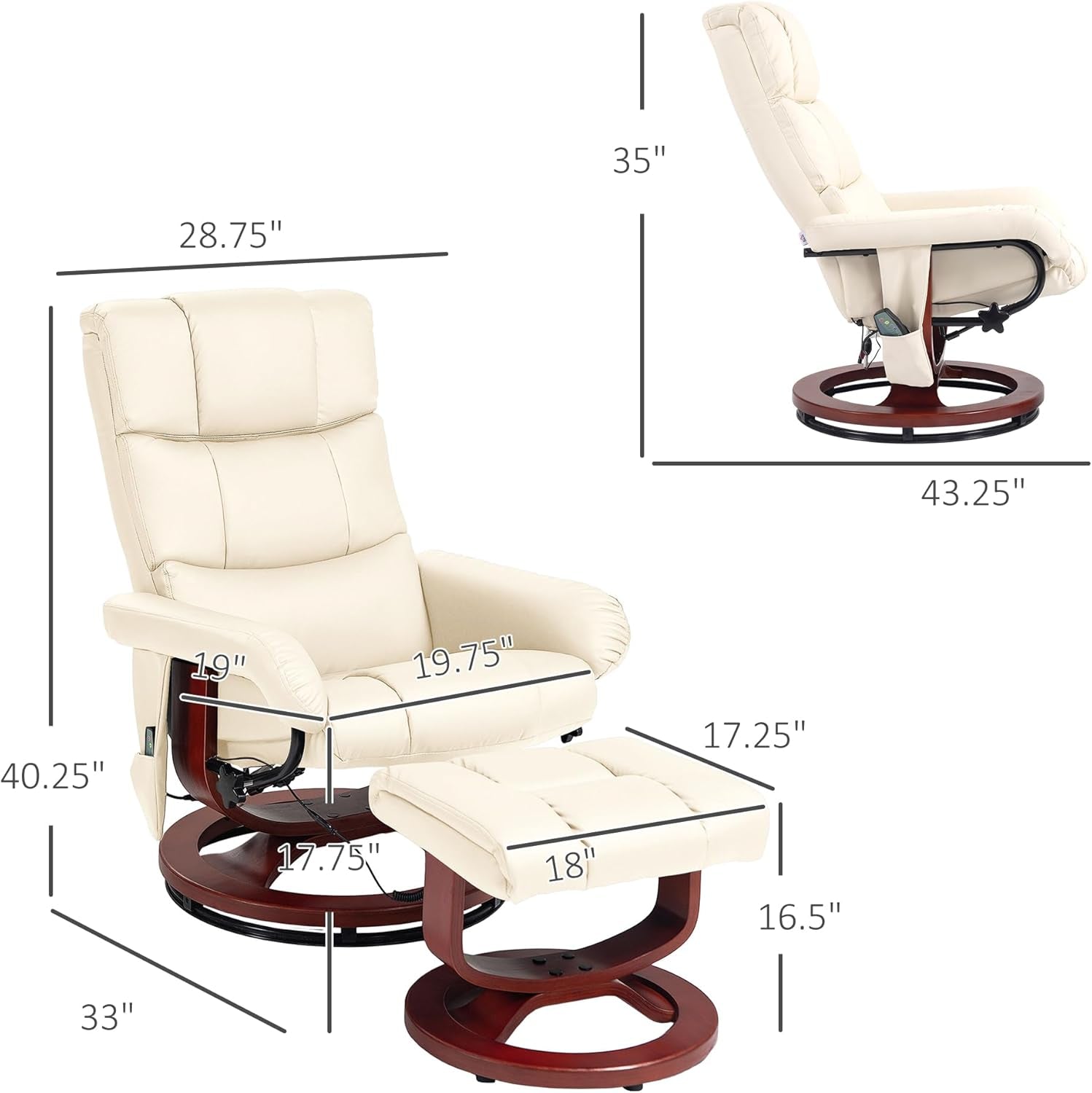 Cream White Massage Recliner Chair With Ottoman And Remote