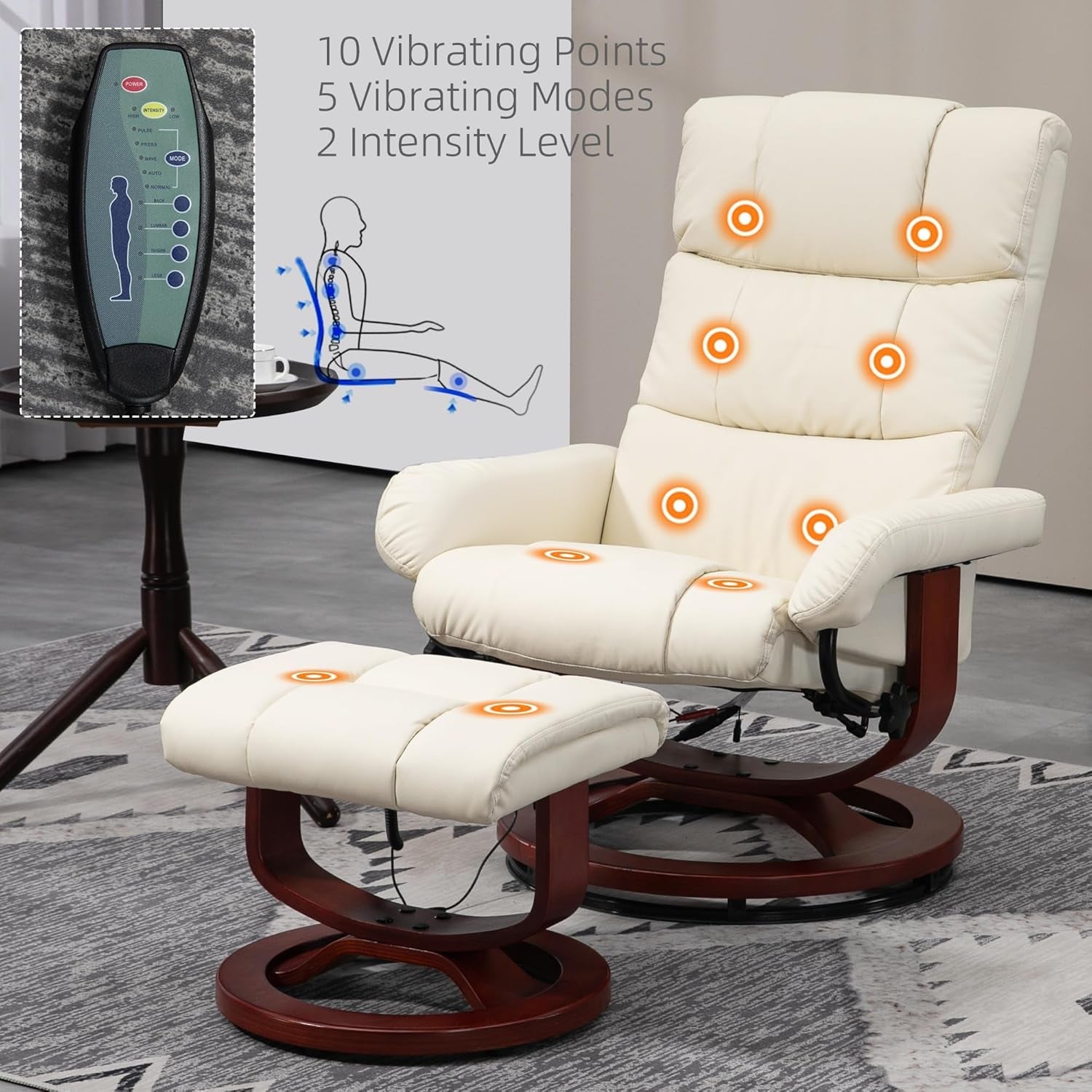 Cream White Massage Recliner Chair With Ottoman And Remote