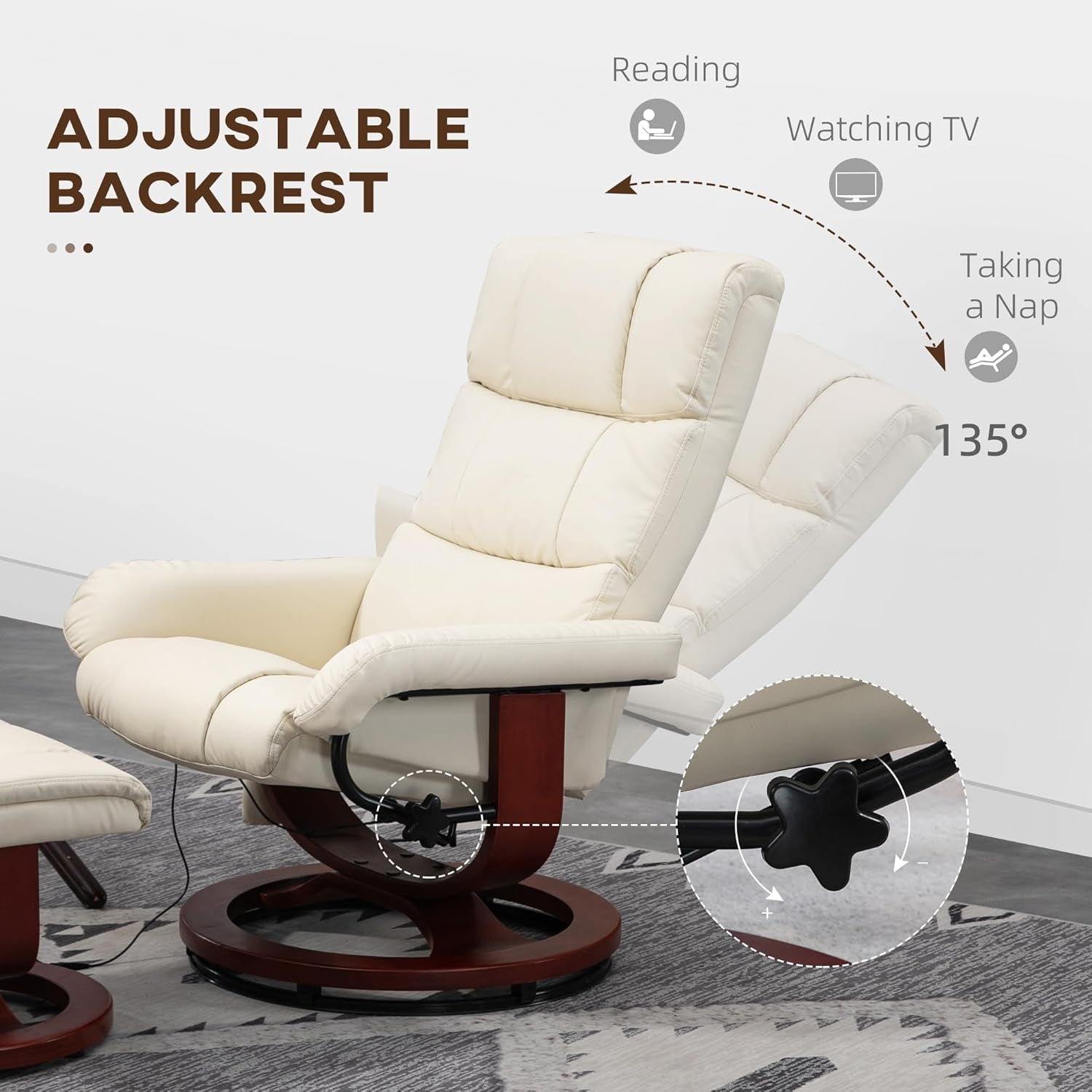 Cream White Massage Recliner Chair With Ottoman And Remote