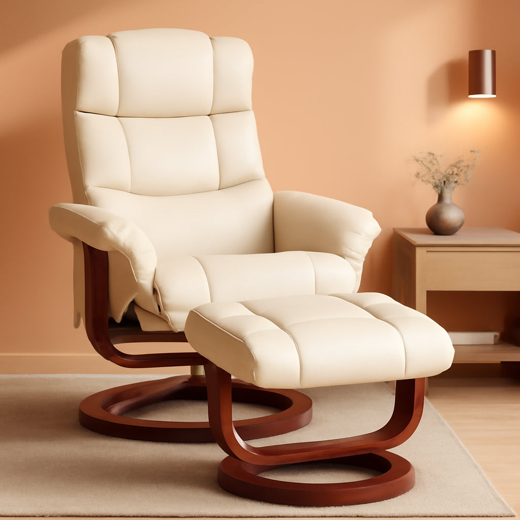 Cream White Massage Recliner Chair With Ottoman And Remote