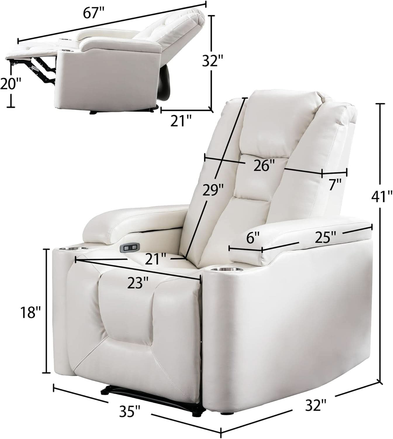 Cream White Power Recliner Chair With USB Ports And Hidden Storage
