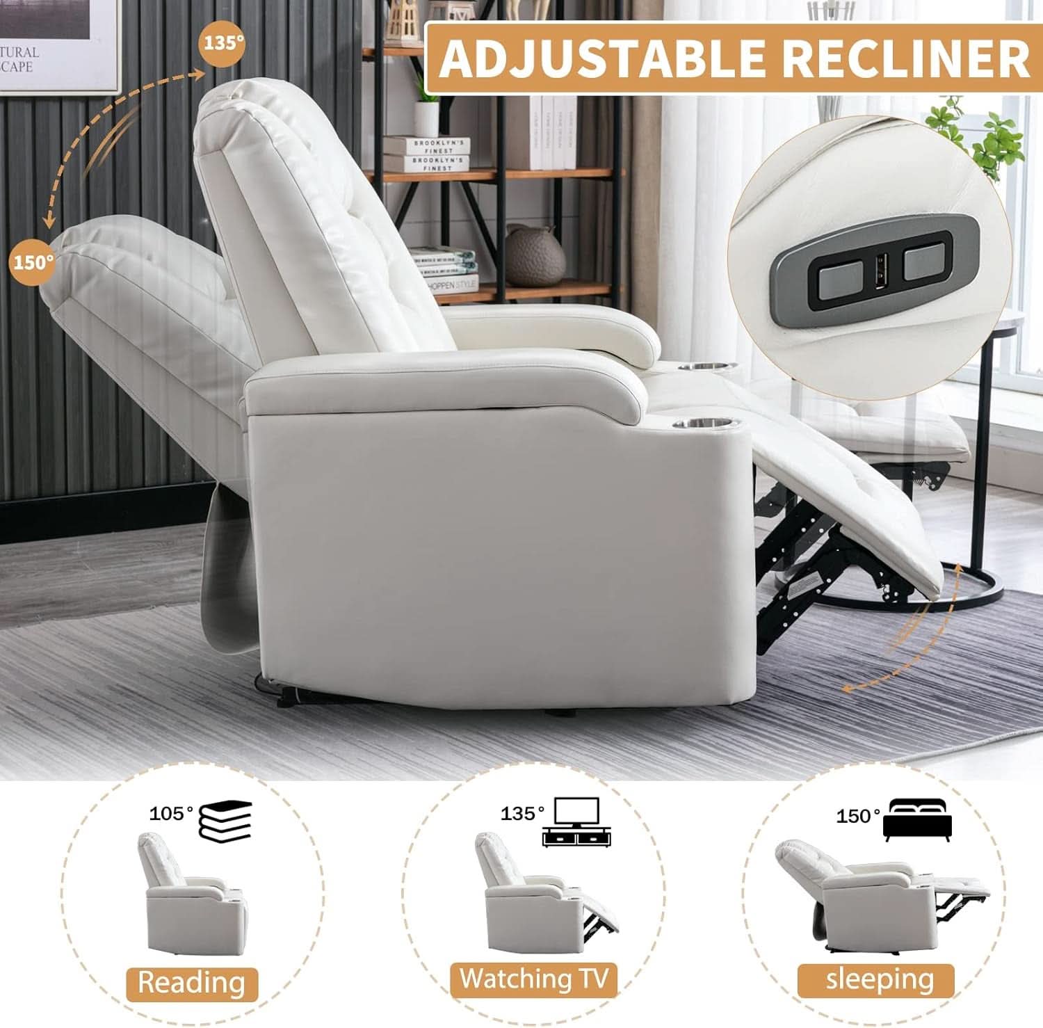 Cream White Power Recliner Chair With USB Ports And Hidden Storage