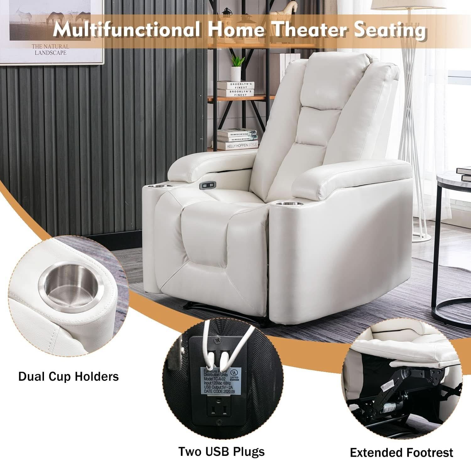 Cream White Power Recliner Chair With USB Ports And Hidden Storage
