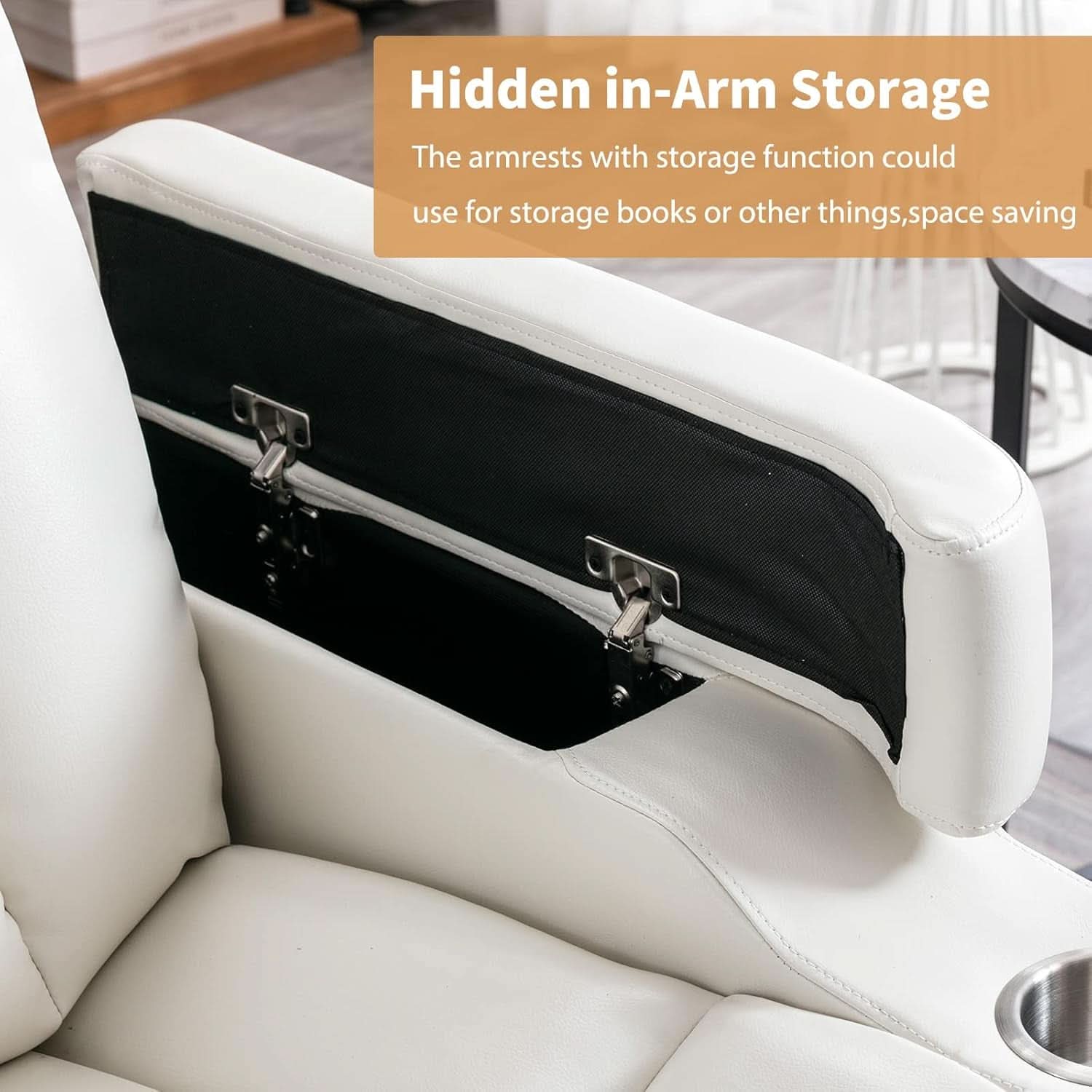 Cream White Power Recliner Chair With USB Ports And Hidden Storage