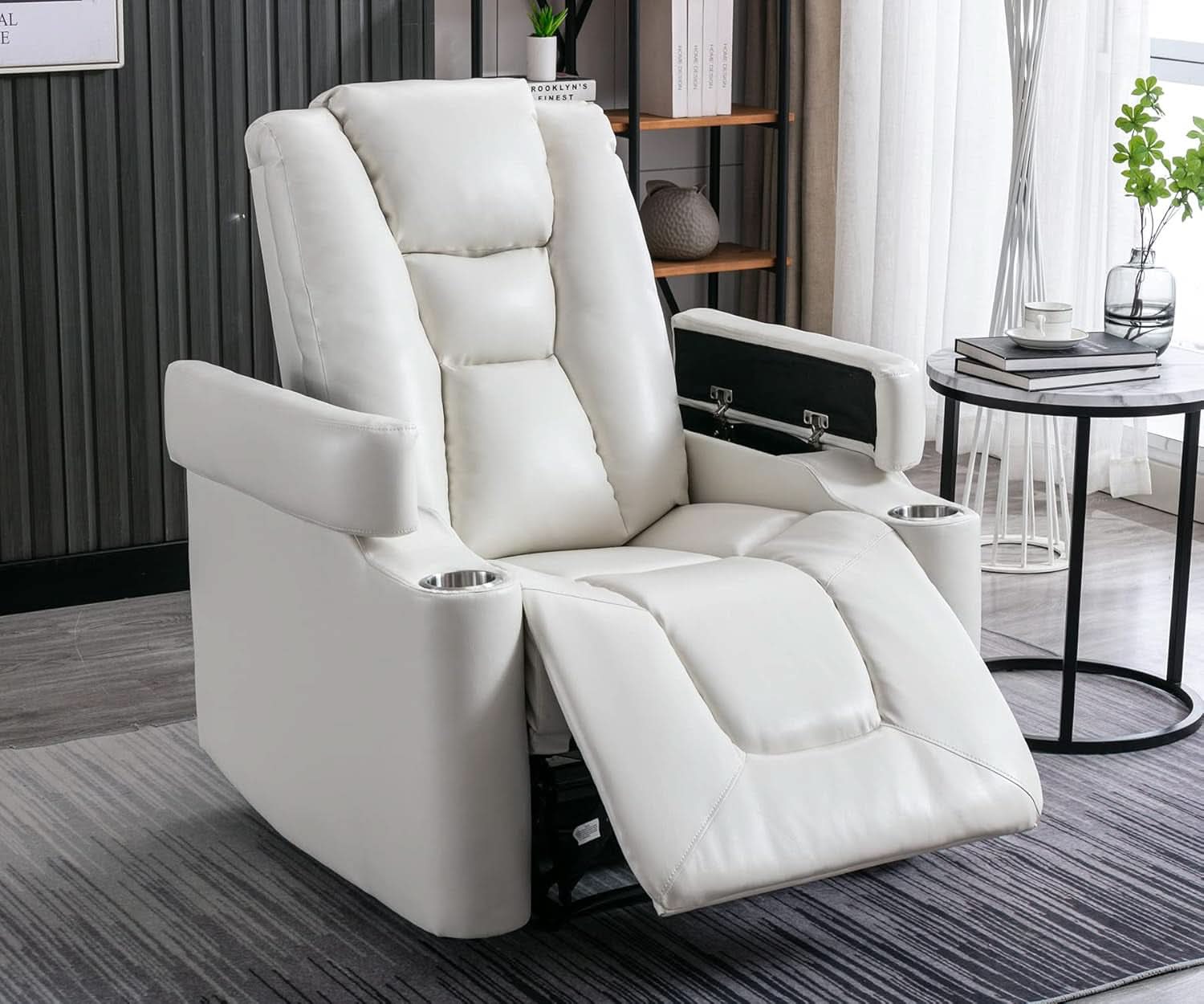 Cream White Power Recliner Chair With USB Ports And Hidden Storage