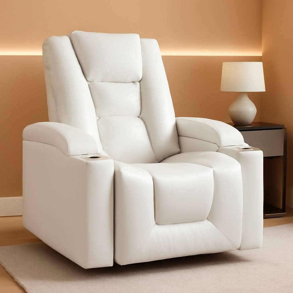 Cream White Power Recliner Chair With USB Ports And Hidden Storage