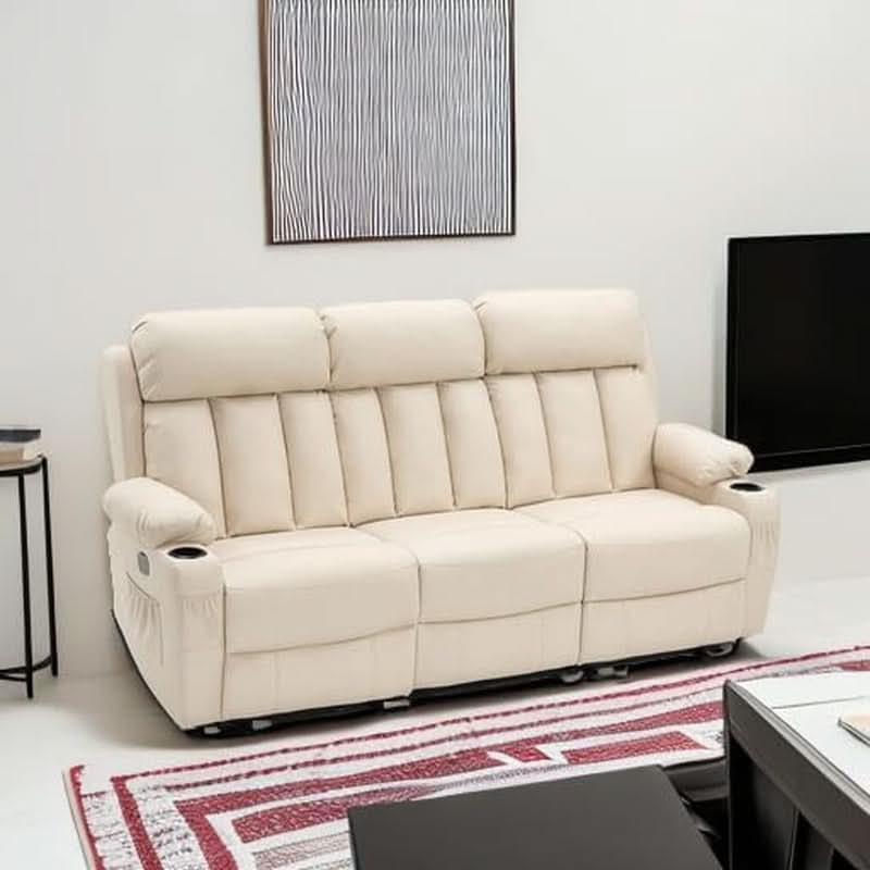 Cream White Power Reclining Sofa With Heat And Vibration