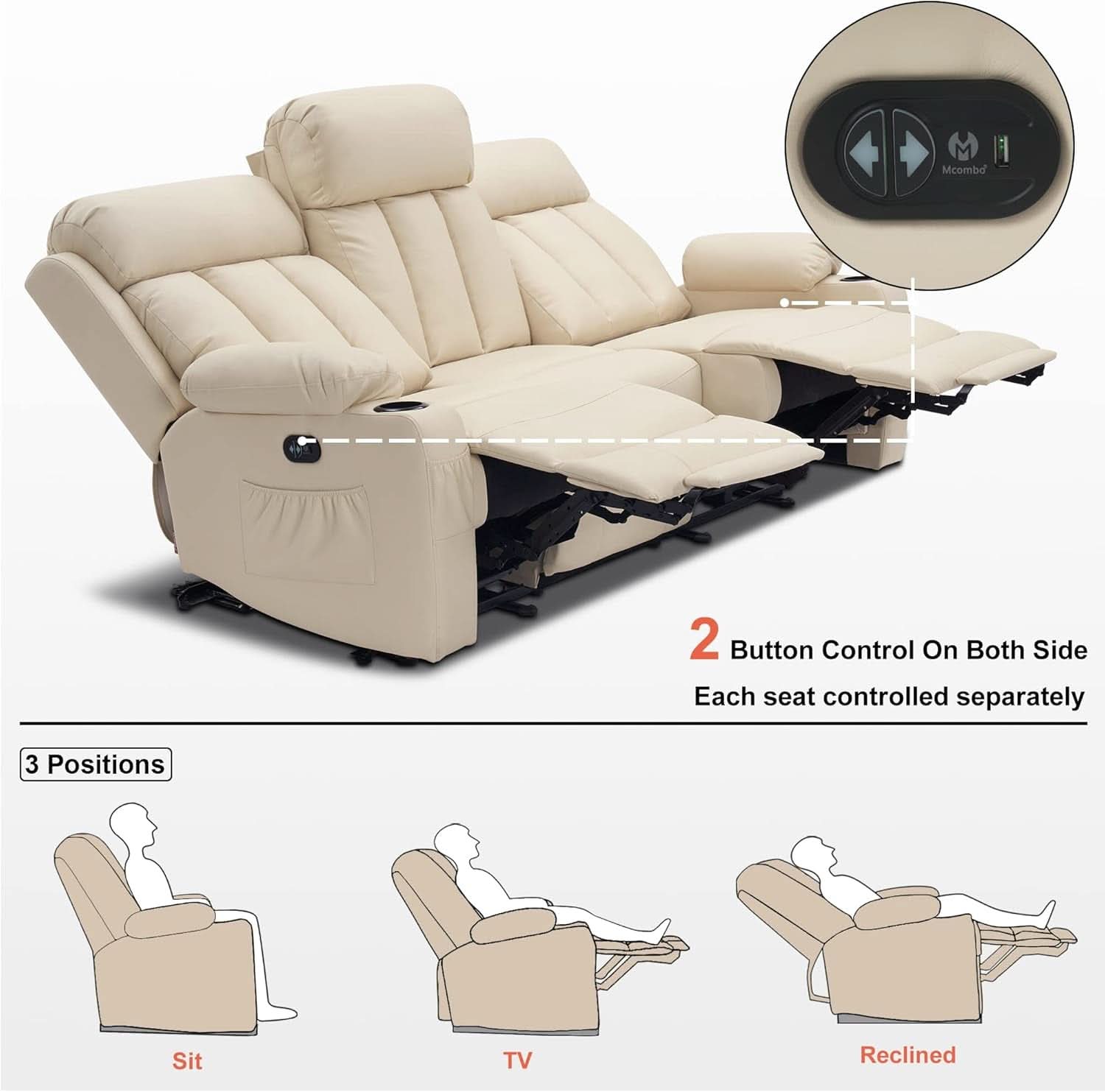 Cream White Power Reclining Sofa With Heat And Vibration