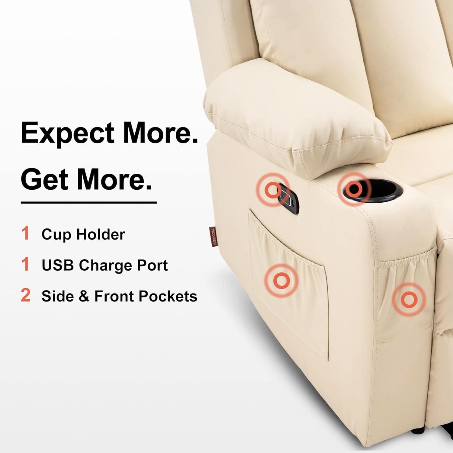 Cream White Power Reclining Sofa With Heat And Vibration
