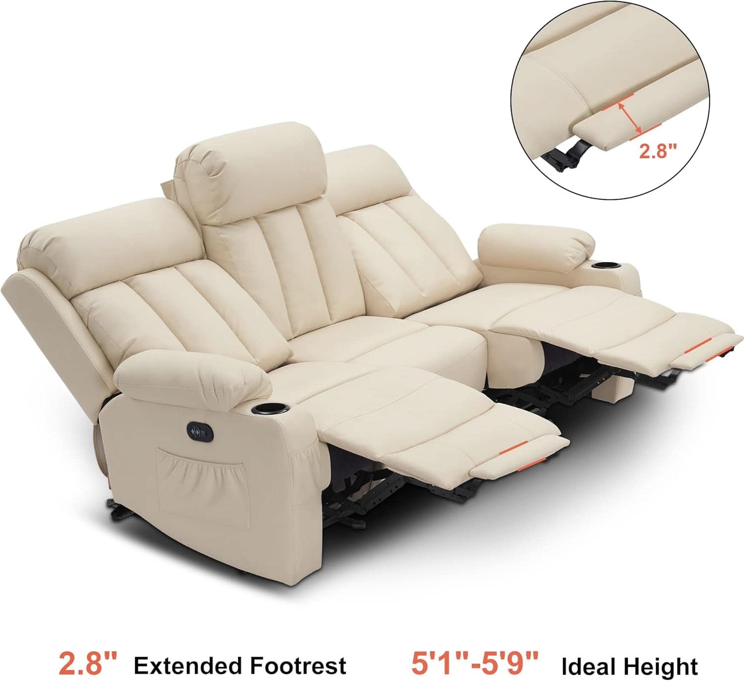 Cream White Power Reclining Sofa With Heat And Vibration