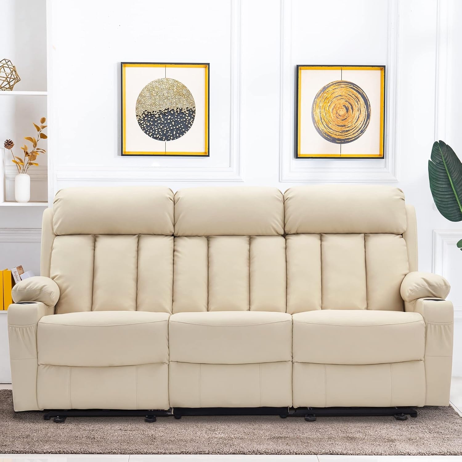 Cream White Power Reclining Sofa With Heat And Vibration