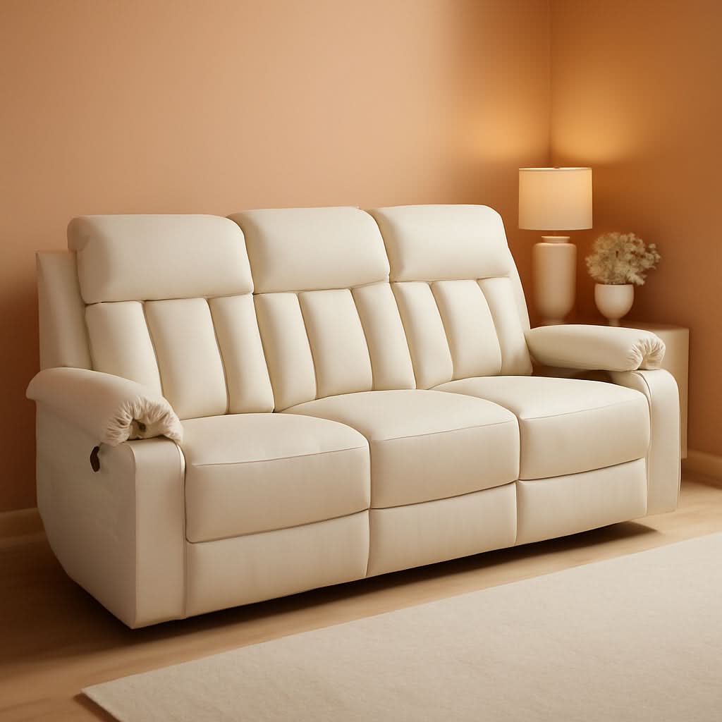 Cream White Power Reclining Sofa With Heat And Vibration