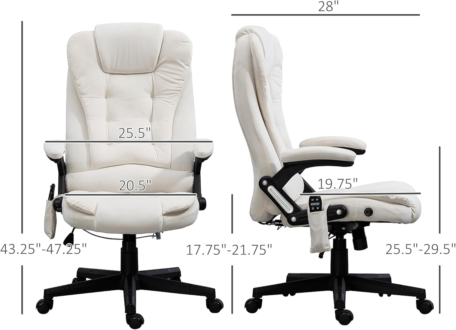 Cream White Velvet 6 Point Vibrating Heated Massage Office Chair