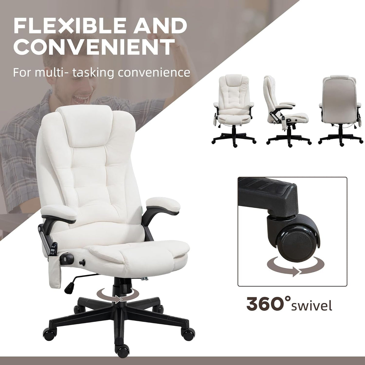 Cream White Velvet 6 Point Vibrating Heated Massage Office Chair