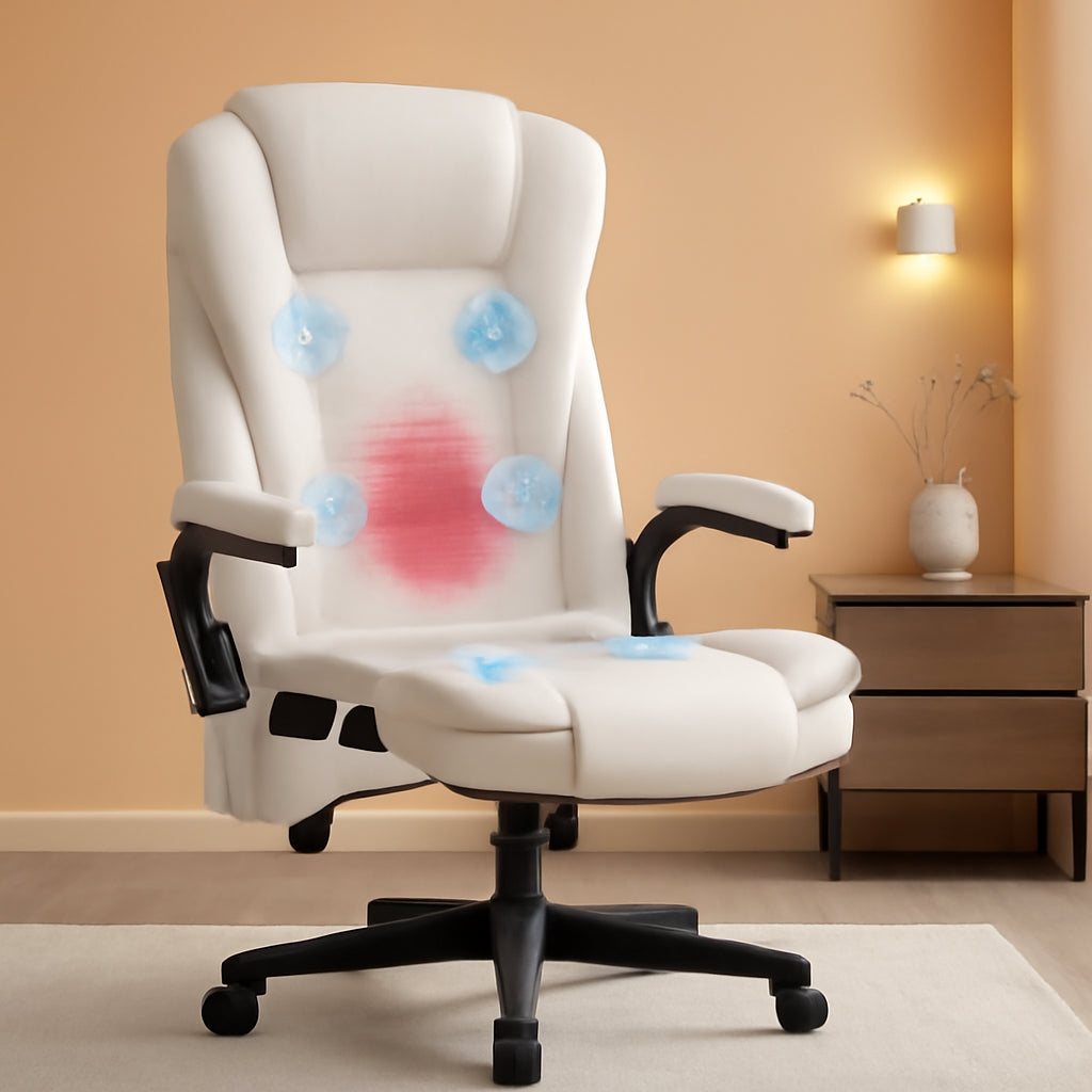 Cream White Velvet 6 Point Vibrating Heated Massage Office Chair