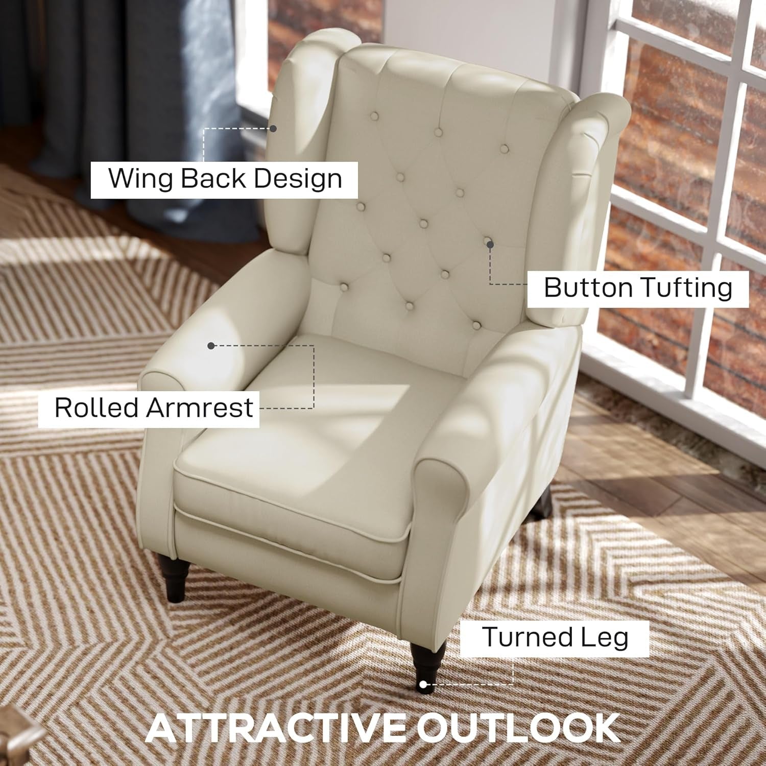 Cream White Wingback Accent Chair With Diamond Tufting