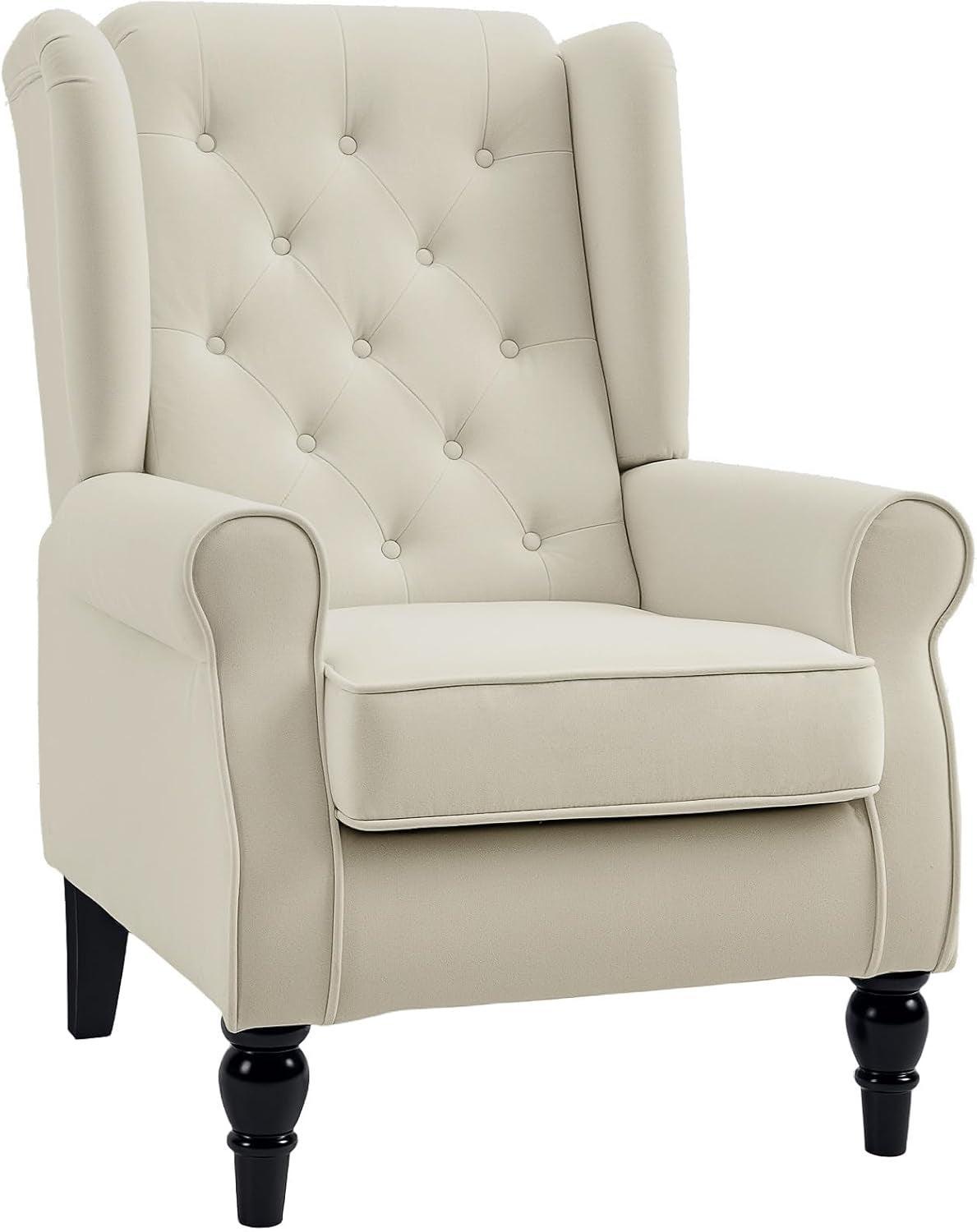 Cream White Wingback Accent Chair With Diamond Tufting