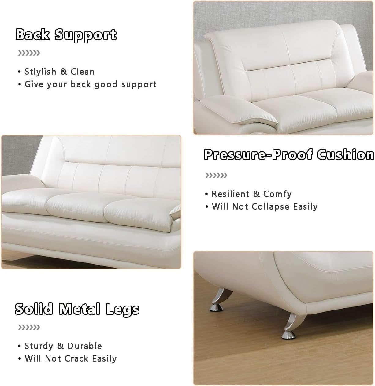 Creamy White Faux Leather Loveseat Sofa Set For Living Room