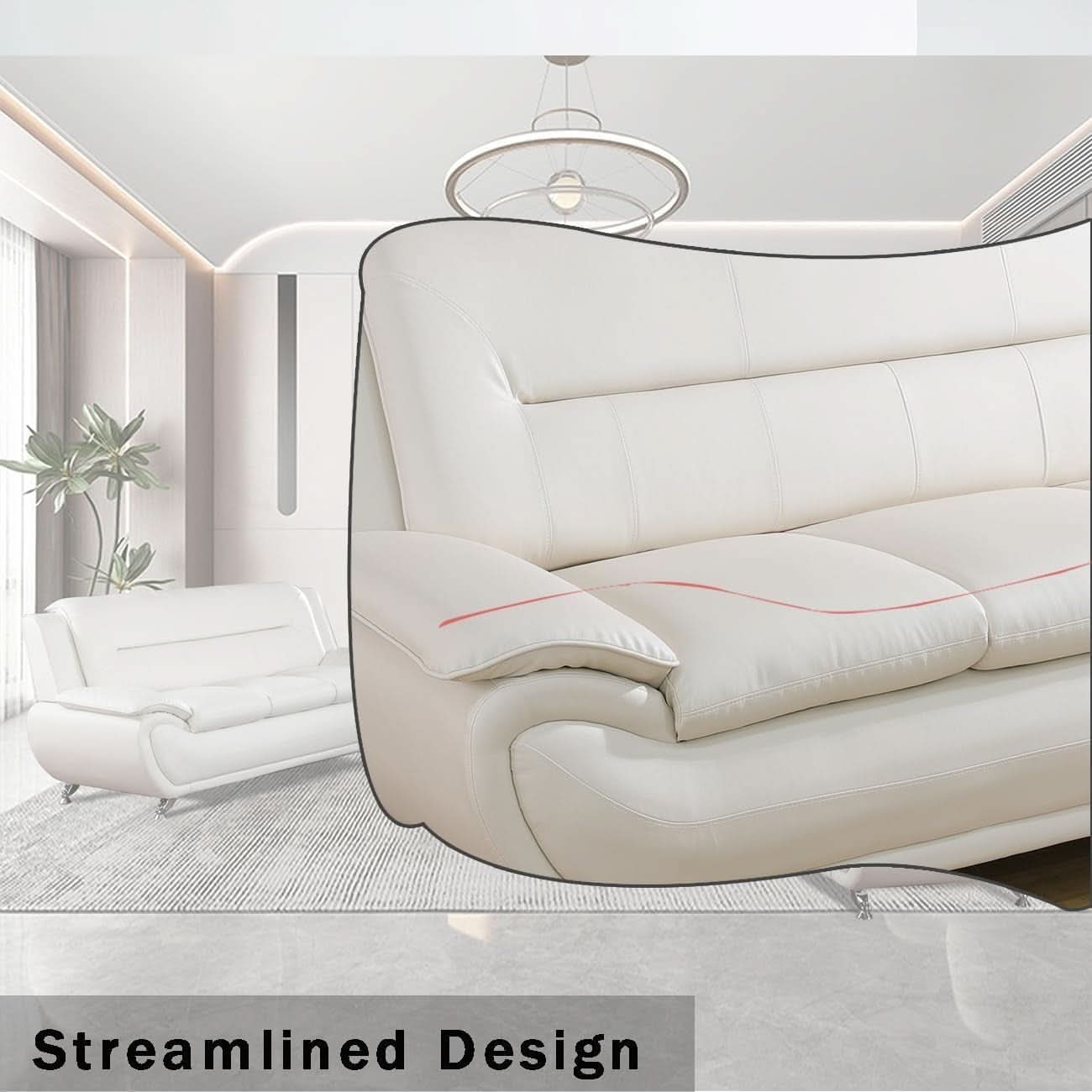 Creamy White Faux Leather Loveseat Sofa Set For Living Room