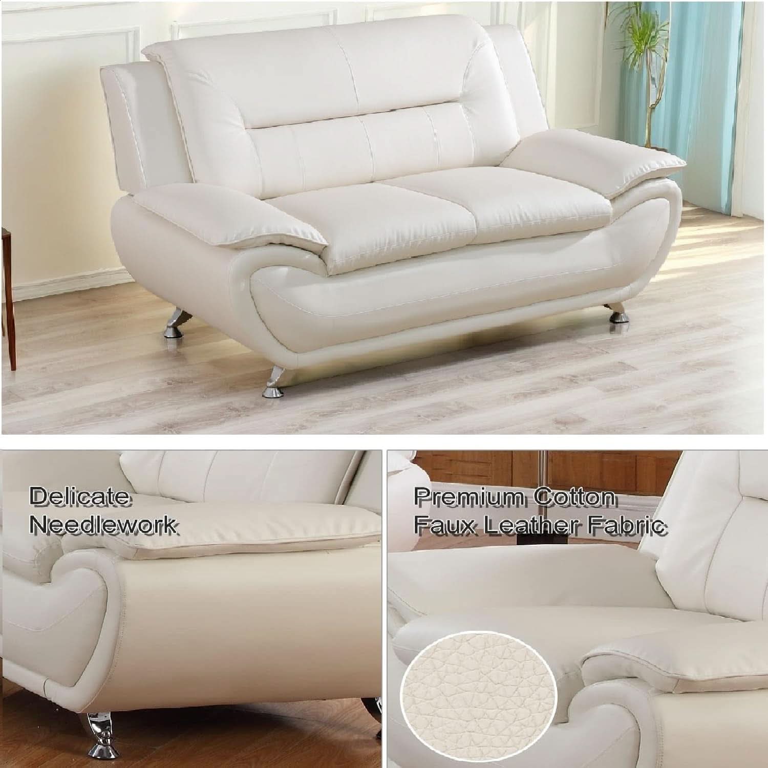 Creamy White Faux Leather Loveseat Sofa Set For Living Room