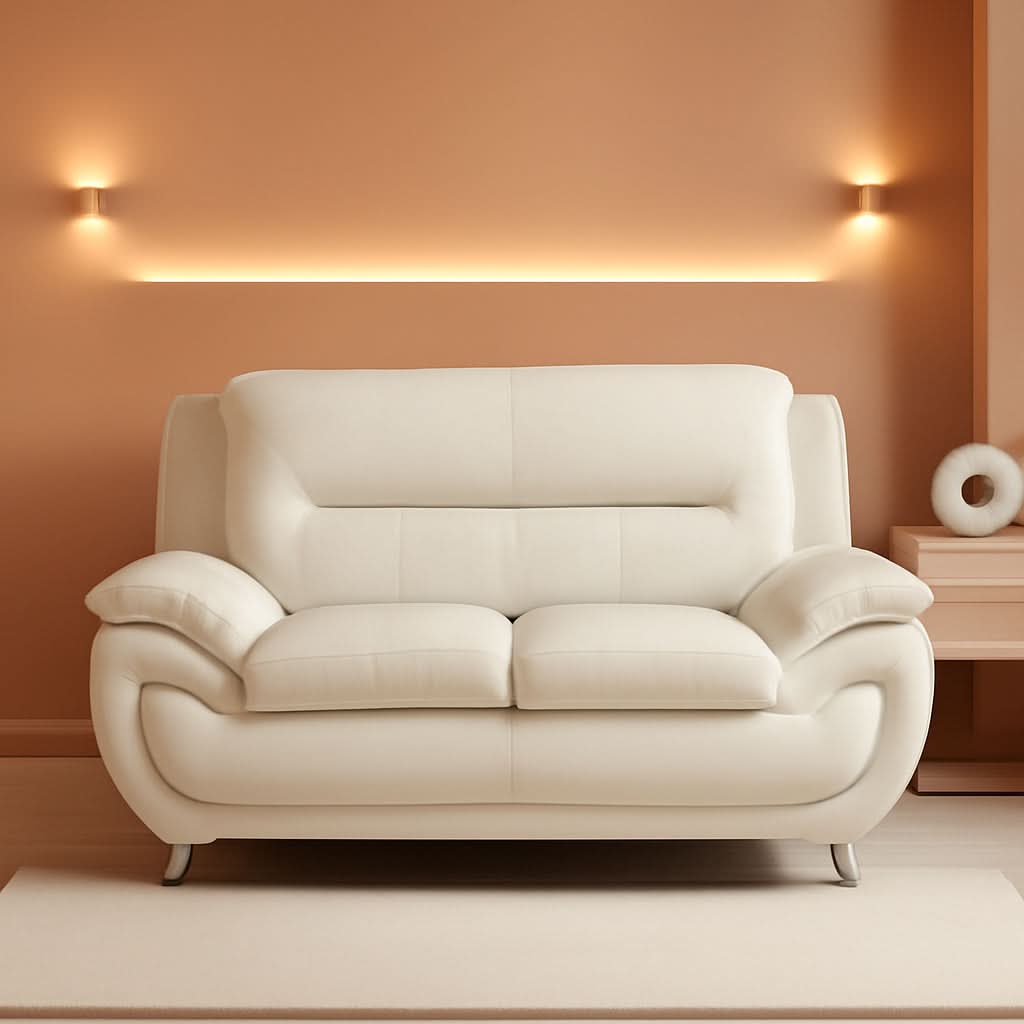 Creamy White Faux Leather Loveseat Sofa Set For Living Room