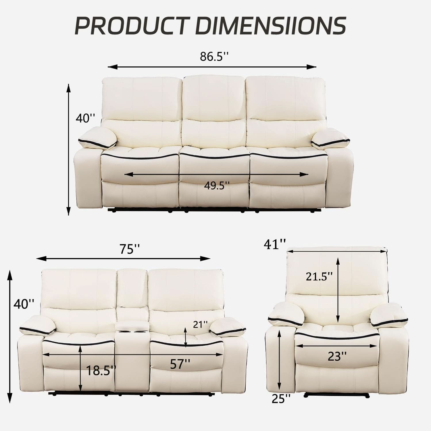 Creamy White Leather Recliner Sofa Set With Storage Console